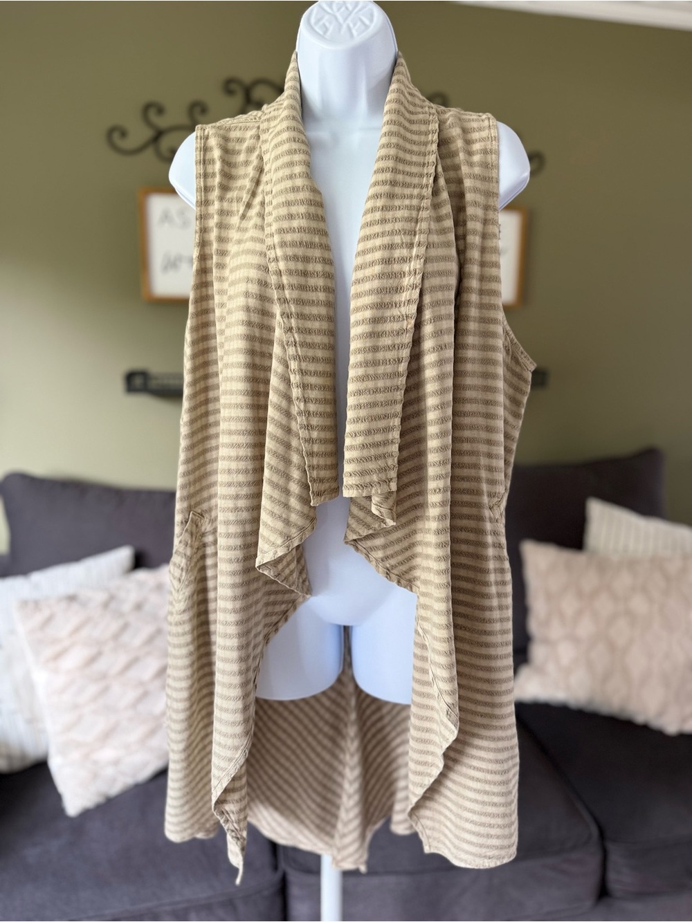 Striped Taupe Drape Front Sleeveless Vest
